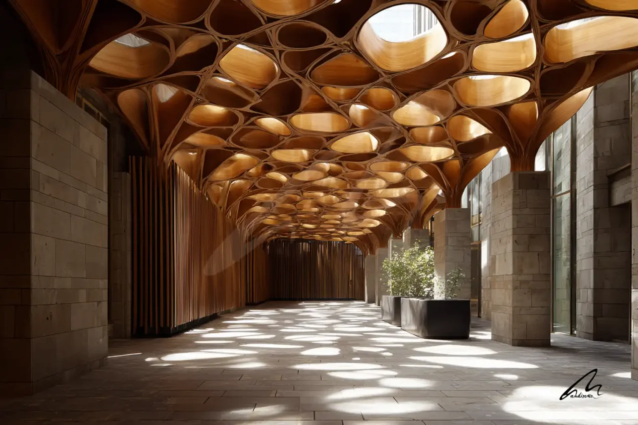 Architectural space showing biophilic design evidence through fractal geometry and natural light patterns.
