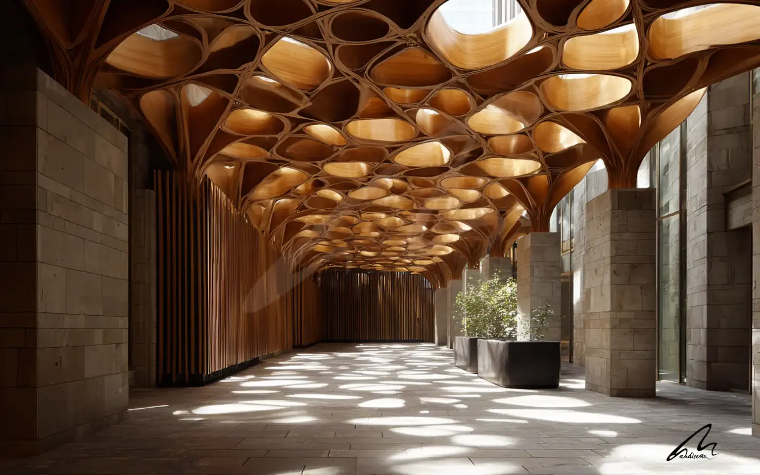 Architectural space showing biophilic design evidence through fractal geometry and natural light patterns.