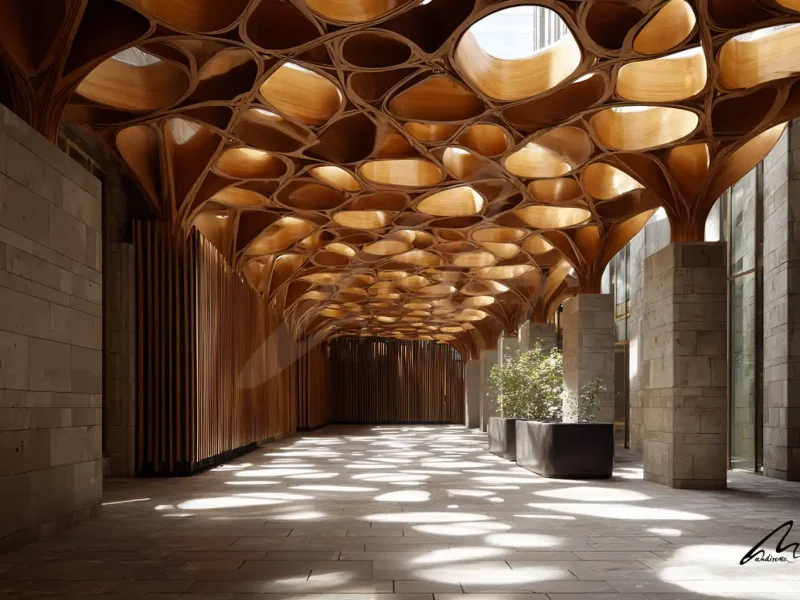 Architectural space showing biophilic design evidence through fractal geometry and natural light patterns.