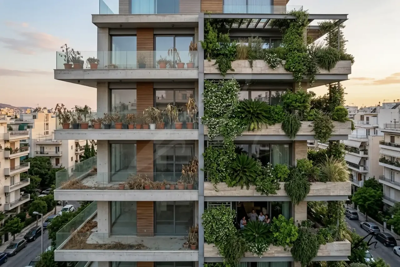 A comparison between failing ornamental greenery and successful integrated biological systems for green real estate ROI.