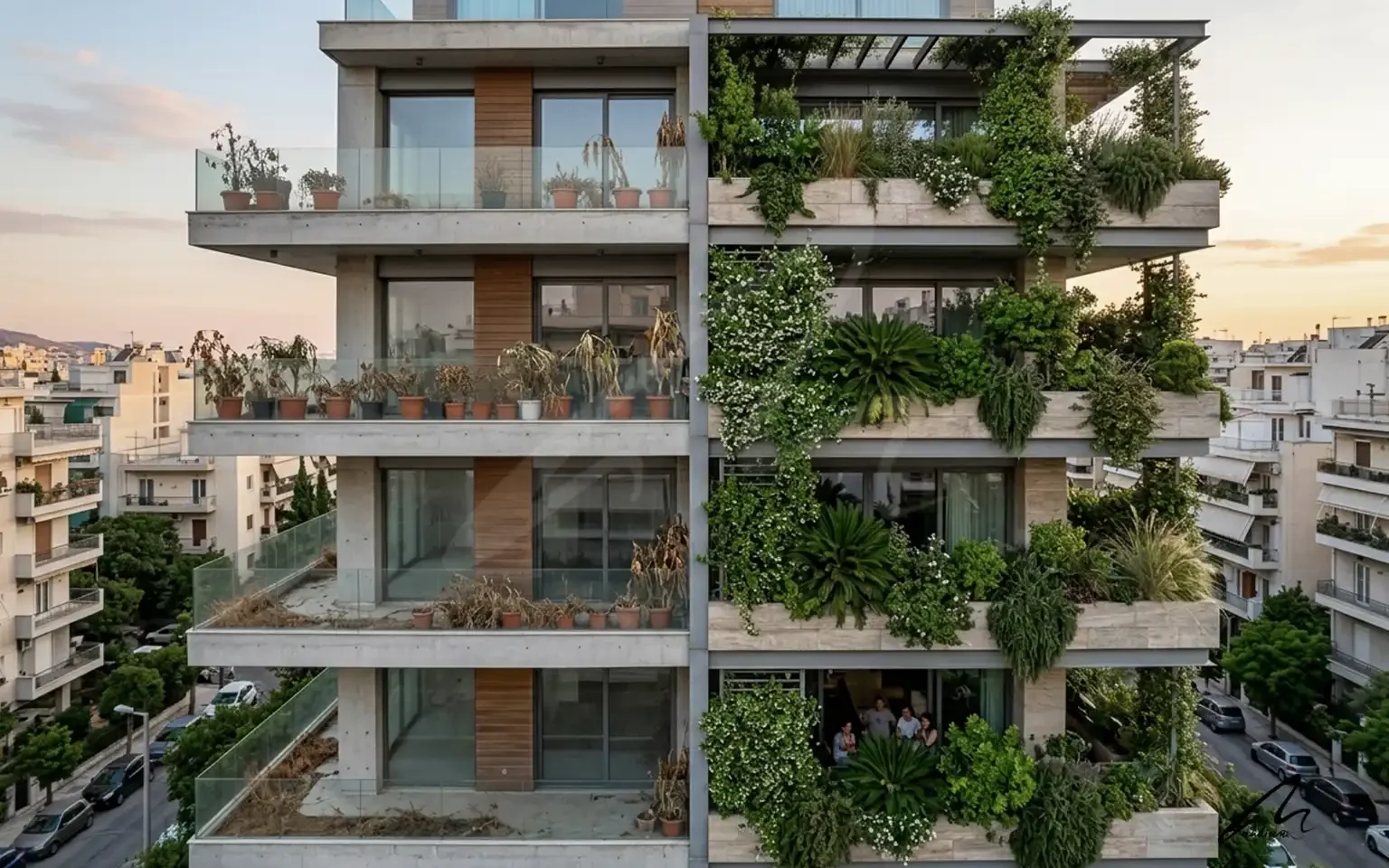 A comparison between failing ornamental greenery and successful integrated biological systems for green real estate ROI.