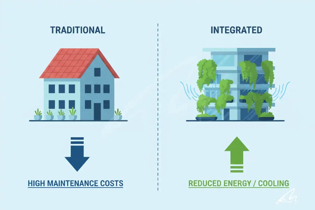A diagram comparing the costs and benefits of ornamental landscaping versus integrated biological building systems.