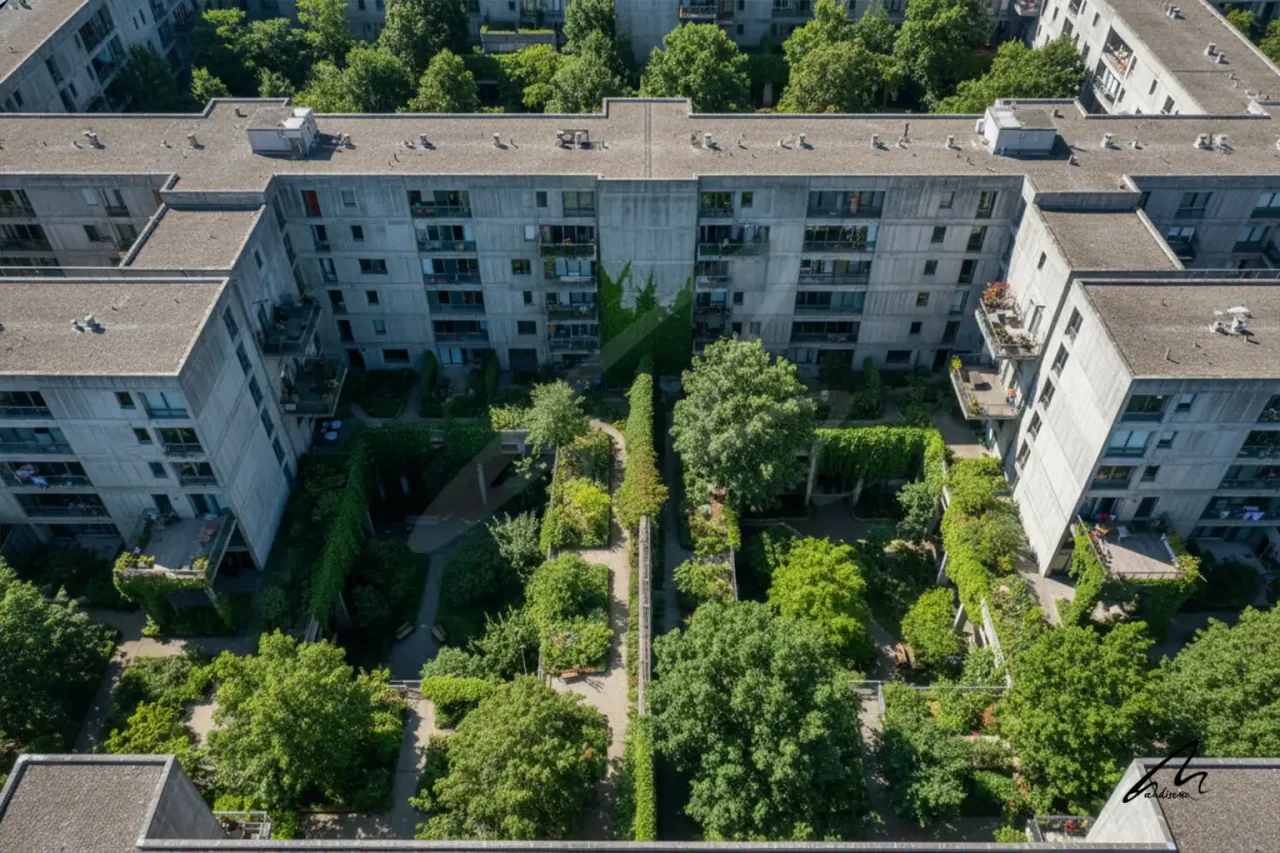 Dense urban environment showing the relationship between residential blocks and green space psychiatric risk factors.
