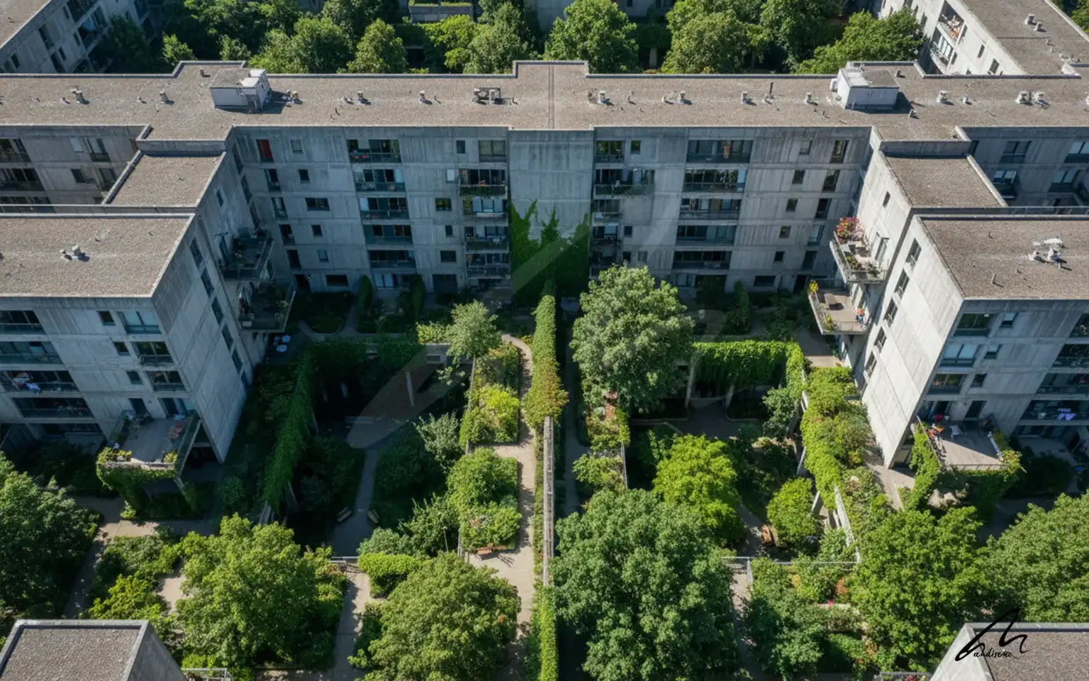 Dense urban environment showing the relationship between residential blocks and green space psychiatric risk factors.