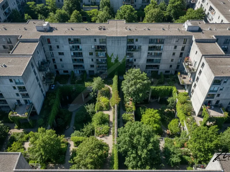 Dense urban environment showing the relationship between residential blocks and green space psychiatric risk factors.