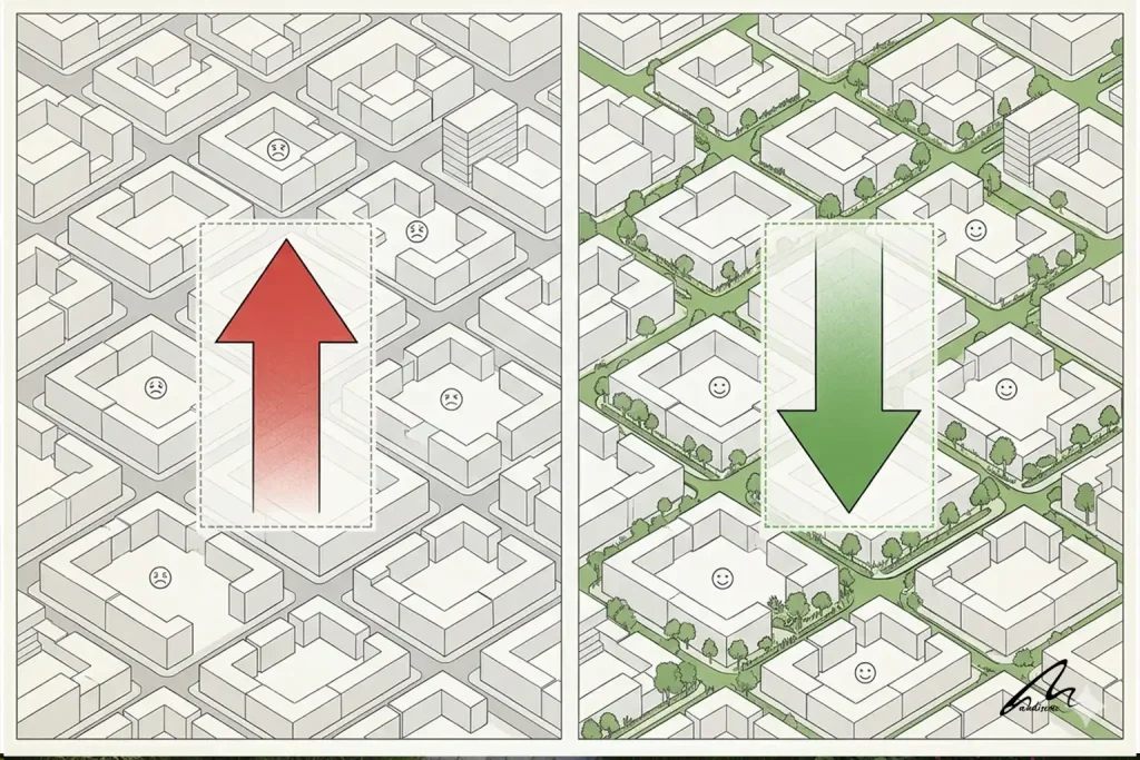 Diagram comparing psychiatric risk levels between grey and green urban planning approaches.
