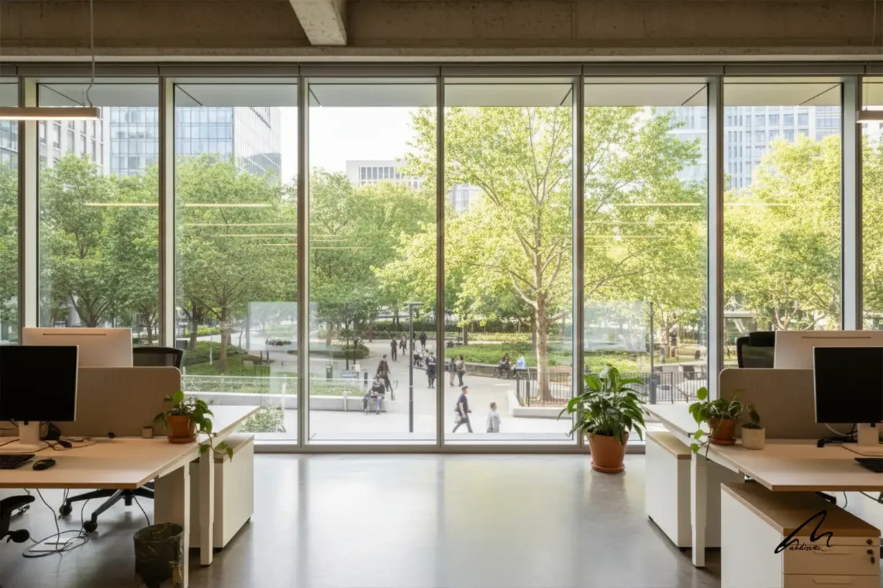 A modern sunlit office demonstrating the human argument architecture through high-performance spatial design.