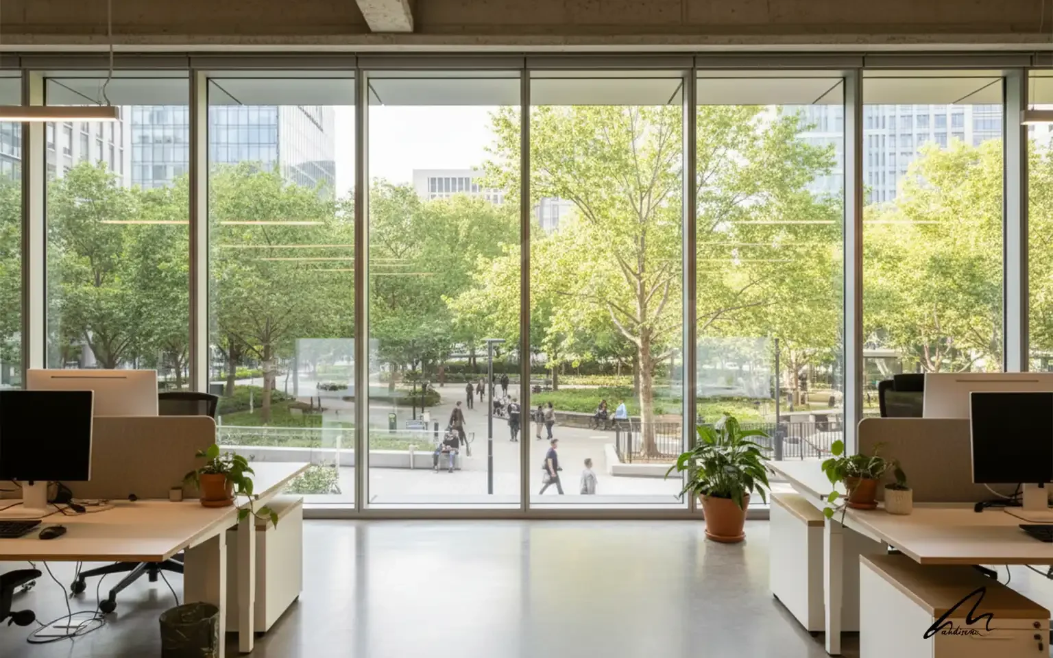 A modern sunlit office demonstrating the human argument architecture through high-performance spatial design.
