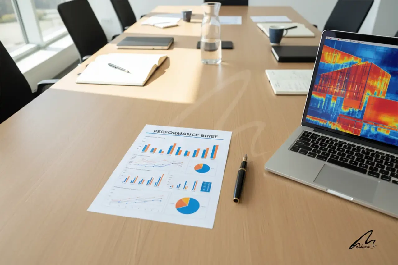 A professional architectural performance brief document on a table with data charts and maps.