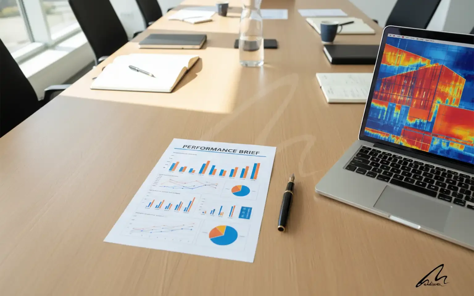 A professional architectural performance brief document on a table with data charts and maps.