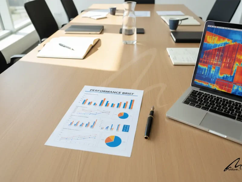 A professional architectural performance brief document on a table with data charts and maps.