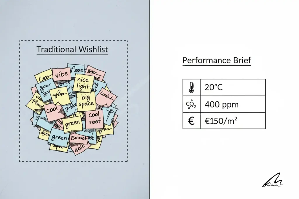 A diagram comparing a traditional wishlist brief with a data-driven performance brief.