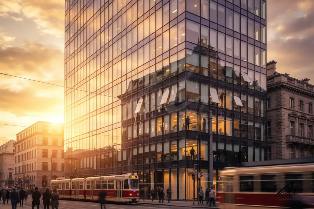 A modern glass skyscraper showing the conflict of building performance vs aesthetics during a heatwave.