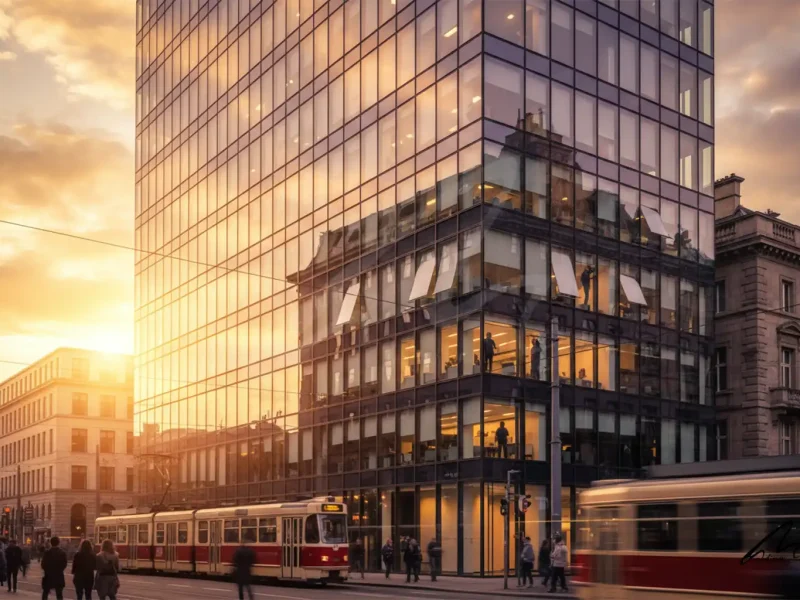 A modern glass skyscraper showing the conflict of building performance vs aesthetics during a heatwave.