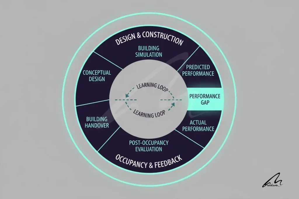 Infographic showing the performance gap between architectural design and actual building occupancy.