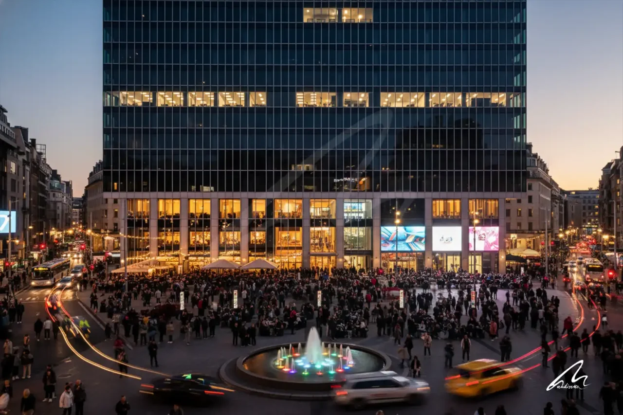 A glass skyscraper showing signs of urban performance failure through high vacancy rates compared to busy street life.
