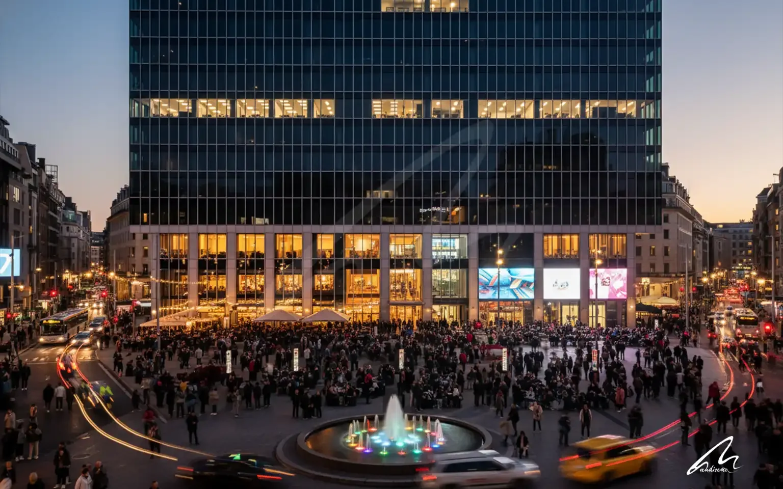 A glass skyscraper showing signs of urban performance failure through high vacancy rates compared to busy street life.