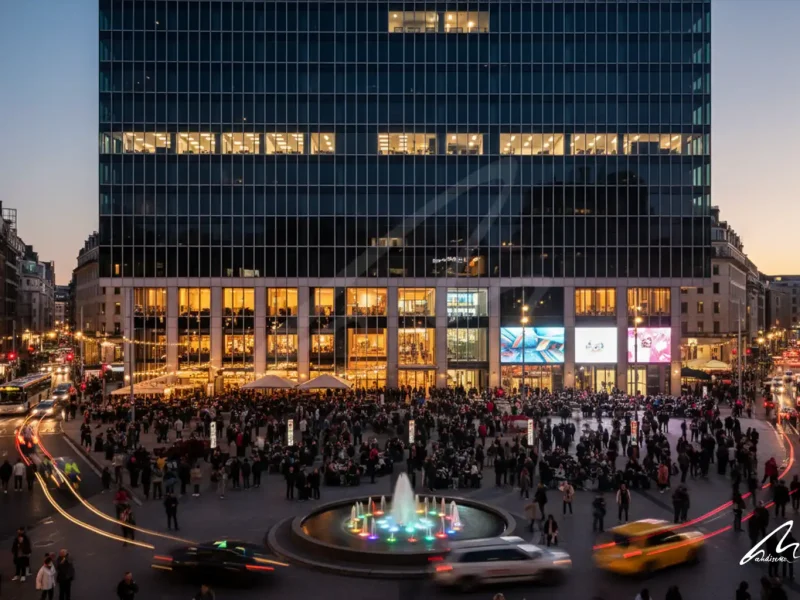A glass skyscraper showing signs of urban performance failure through high vacancy rates compared to busy street life.