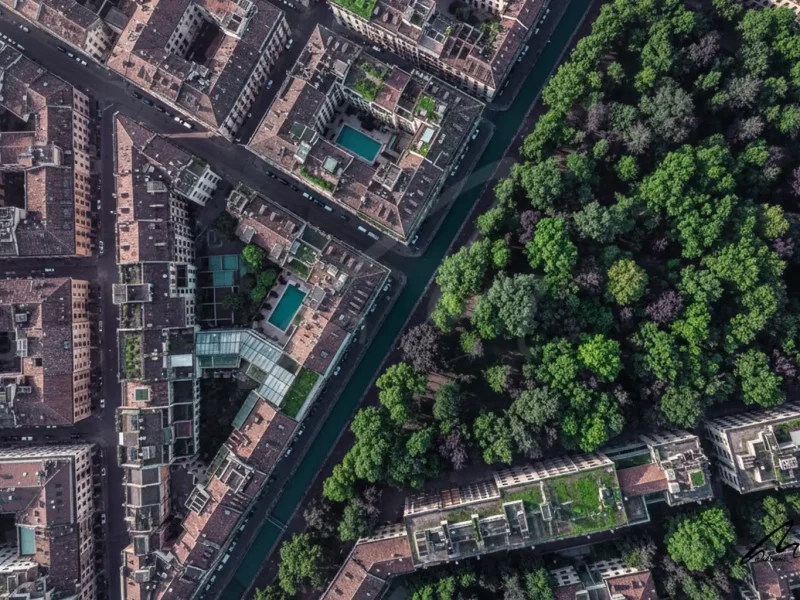 Aerial view of urban tree canopy showing the transition between exposed and shaded streets.