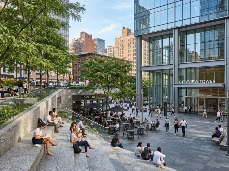 High-density US commercial urban public plaza and pedestrian amenity space with granite terraced seating