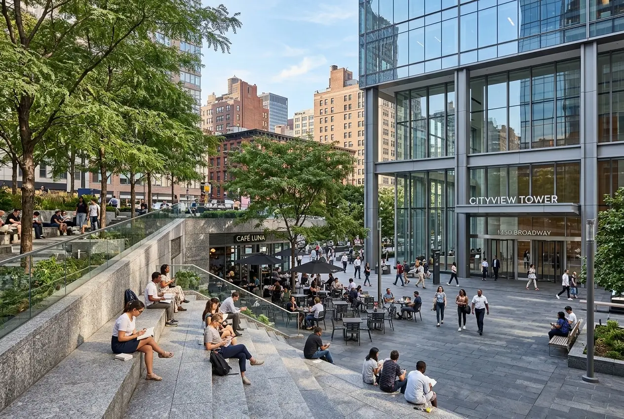 High-density US commercial urban public plaza and pedestrian amenity space with granite terraced seating