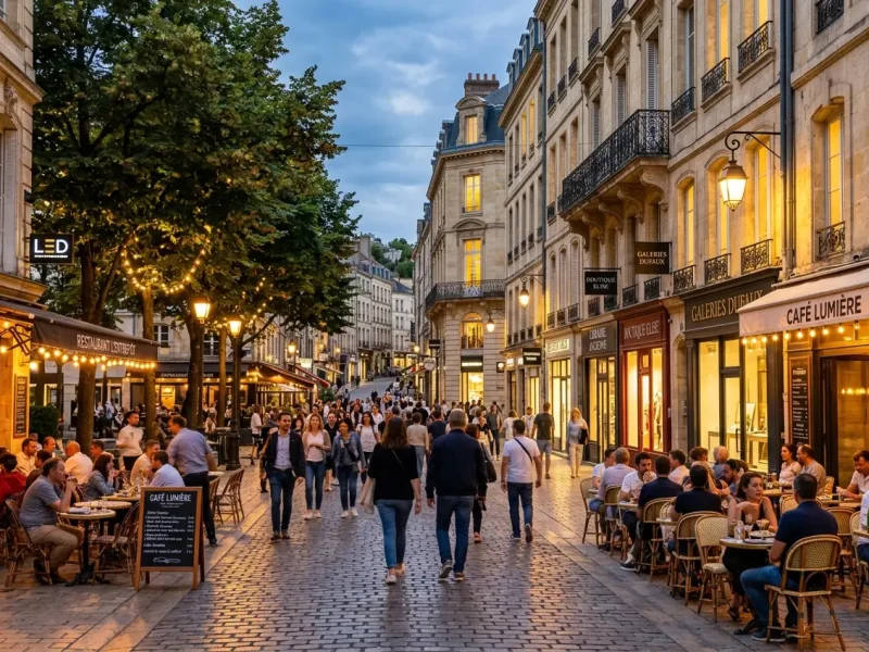 The Developer's Reality: Why They Cut Your Design (And How to Stop It) — Vibrant pedestrian commercial street with outdoor dining, limestone facades, mature trees, and high retail footfall