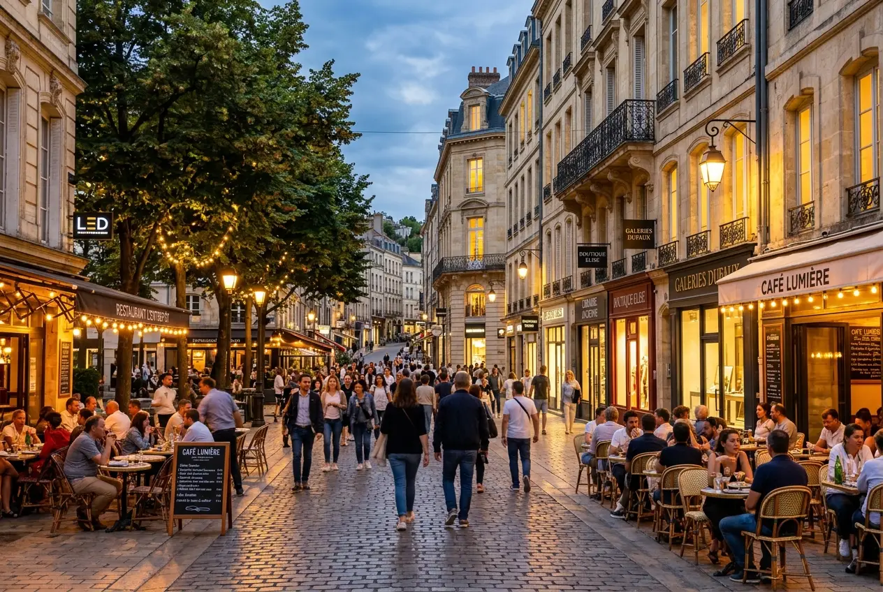 The Developer's Reality: Why They Cut Your Design (And How to Stop It) — Vibrant pedestrian commercial street with outdoor dining, limestone facades, mature trees, and high retail footfall