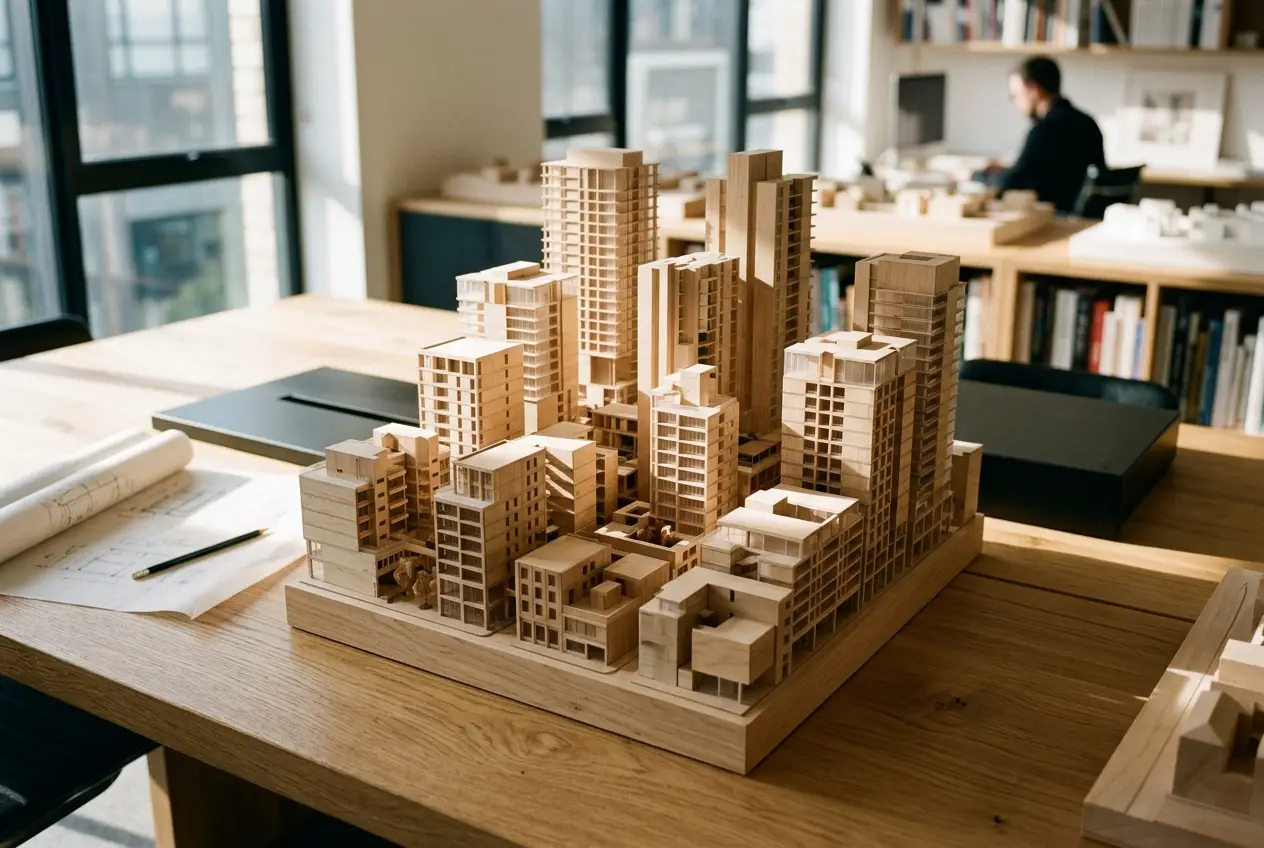 An architectural site plan resting next to a financial pro-forma document, symbolizing the critical integration of design intent and real estate finance.