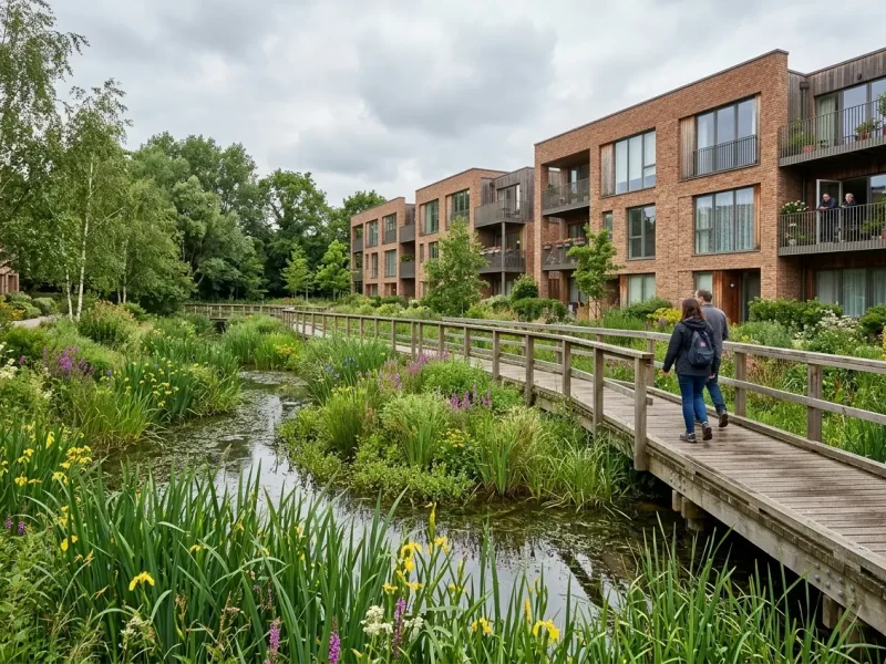 Valuing Biodiversity Net Gain (BNG) Before Stage 3: Commercial Risks in UK Planning — British contemporary landscape development with biodiverse wetland rain garden, native reedbeds, timber boardwalk, and modern brick residential architecture