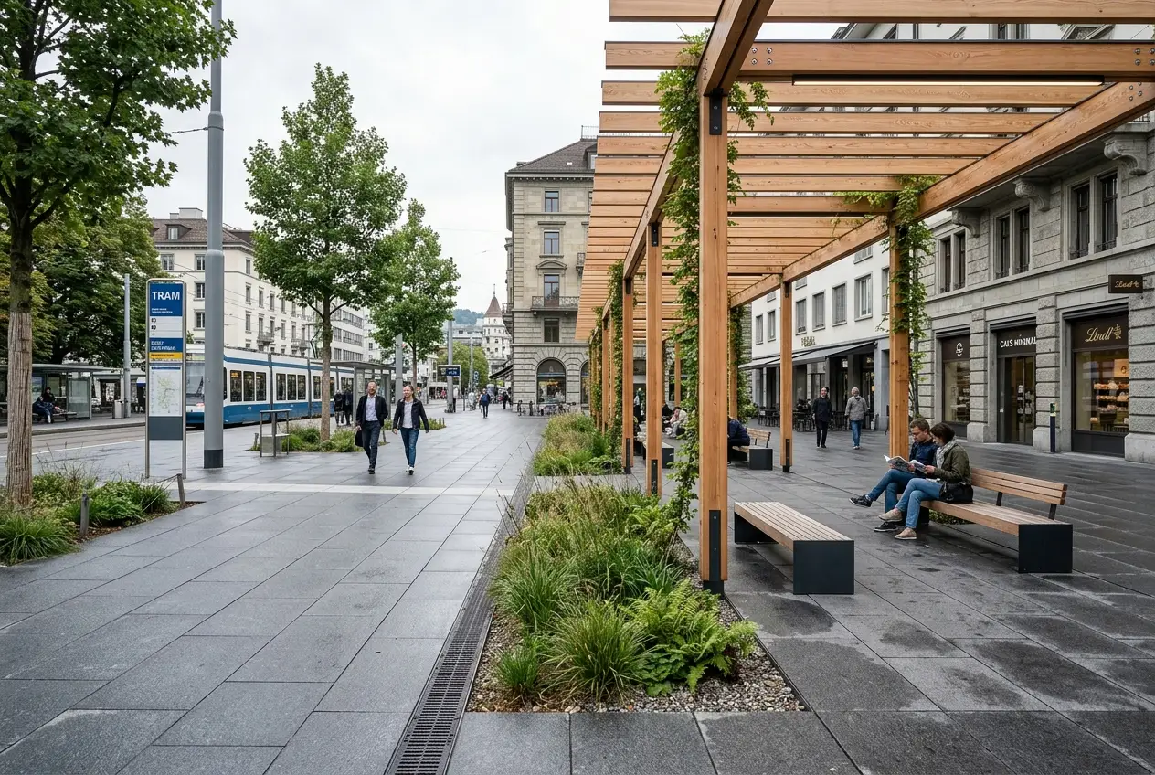 SIA 102 / 105 Phase Traps: Why Swiss Landscape & Architecture Studios Leak 18% Margin in Cantonal Approvals — Swiss urban realm and inner-city public square in Zurich with permeable granite, mature lime trees, and alpine architectural materiality