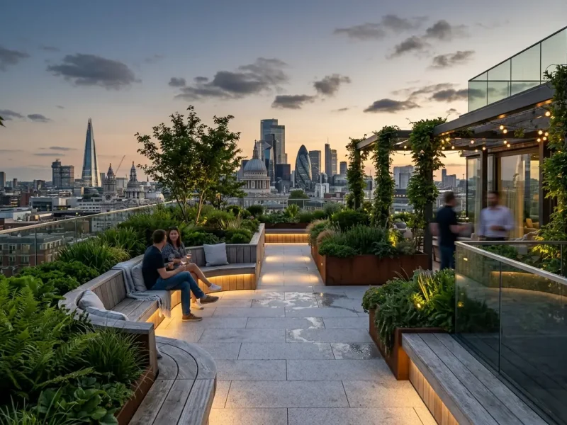 Urban rooftop terrace and microclimate cooling landscape with architectural granite paving and vegetation