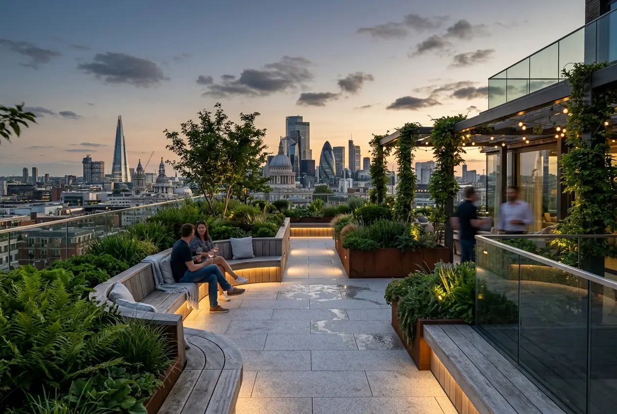 Urban rooftop terrace and microclimate cooling landscape with architectural granite paving and vegetation