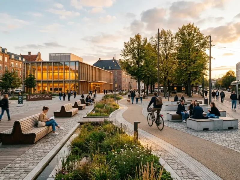 A desolate urban plaza demonstrating the lack of shade and commercial activity caused by removing landscape design elements.