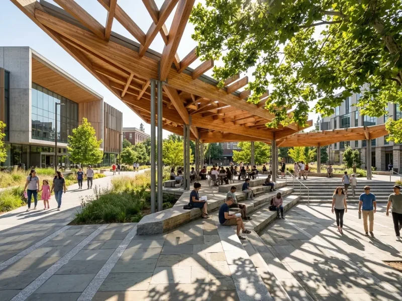 Beyond Aesthetics: Using Microclimate Data to Prevent Value Engineering — Contemporary civic plaza with timber shade canopy, stone seating steps, and dappled sunlight